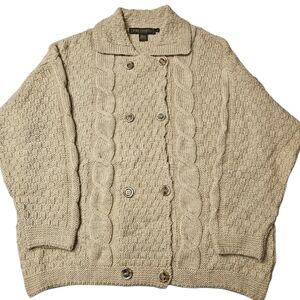 Inis Crafts Mens Large 100% Wool Double Breasted Fishermen Cardigan Knit Sweater
